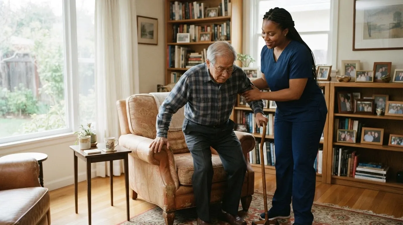 A home health aide helps an older man stand from his armchair